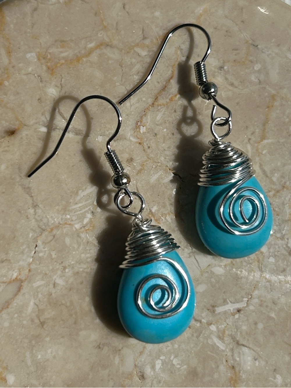 Artisan Teal Howlite Teardrop Wire-Wrapped Dangle Earrings